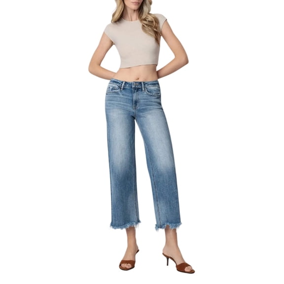 Flying Monkey - High Rise Wide Leg Jeans with Distressed Hem (27" Ankle Length) - F5204