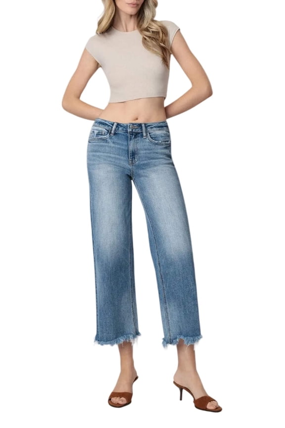 - High Rise Wide Leg Jeans with Distressed Hem (27" Ankle Length) - F5204
