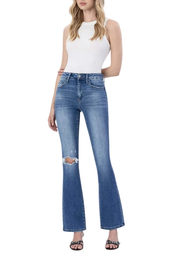 - High Rise Distressed Bootcut Jeans with Knee Rip Detail (32" Full Length) - F4847N