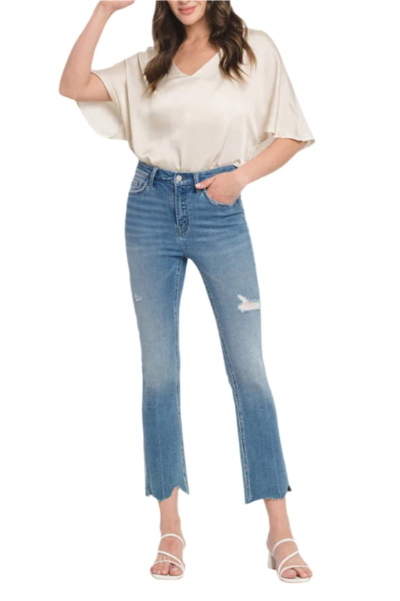 - High Rise Kick Flare Jeans with Uneven Distressed Hem (27" Inseam) - F5120