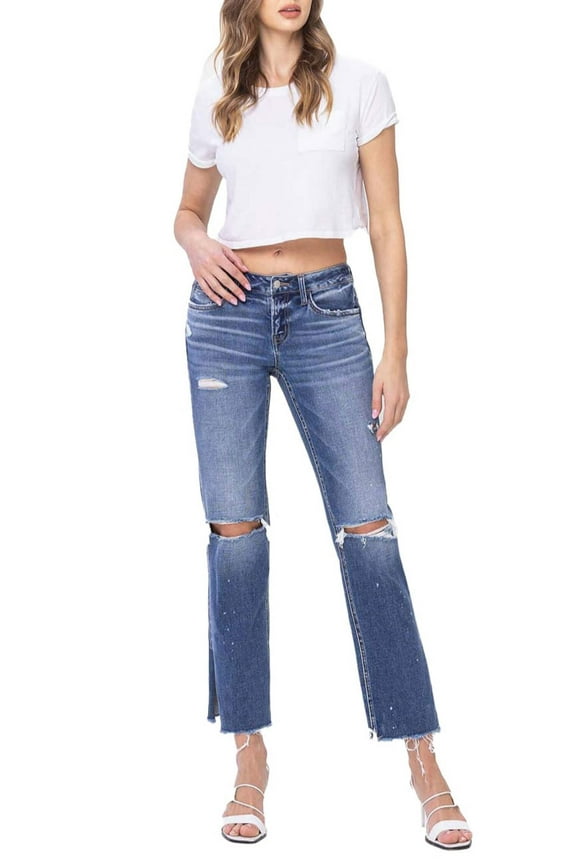 - Low Rise Distressed Straight Jeans With Paint Speckle Detail / Split Hem (27" Inseam) - F5218