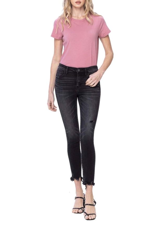 - Mid Rise Cropped Skinny Jeans with Destroyed Frayed Hem (27" Inseam) - F5294