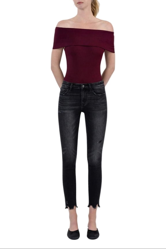 - Mid Rise Cropped Skinny Jeans with Destroyed Frayed Hem (27" Inseam) - F5294
