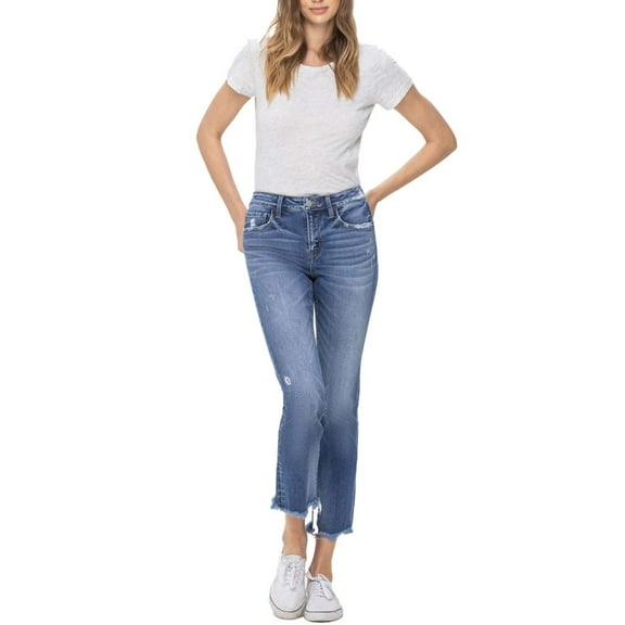Flying Monkey - Mid-Rise Crop Slim Straight Jeans with Frayed Step Hem (27 1/4" Inseam) - F5210