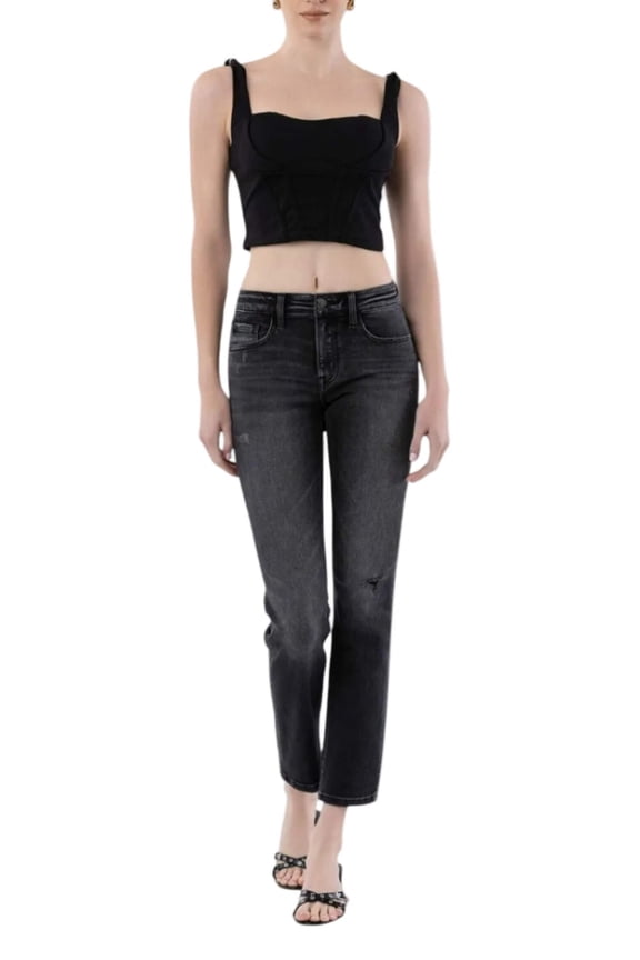 - Mid Rise Cropped Slim Straight Jeans with Slight Distressing (28" Inseam) - F5236
