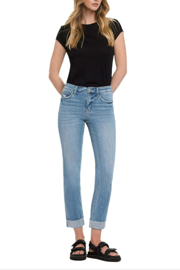 - Mid Rise Single Cuffed Crop Slim Straight Jean - F4121