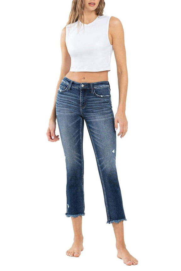 - Stunned - Low Rise Raw Hem Crop Slim Straight Jeans - F5340