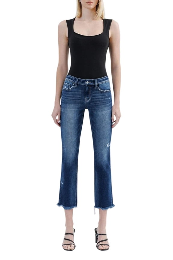 - Stunned Low Rise Slim Straight Jeans with Uneven Raw Hem (27" Inseam) - F5340