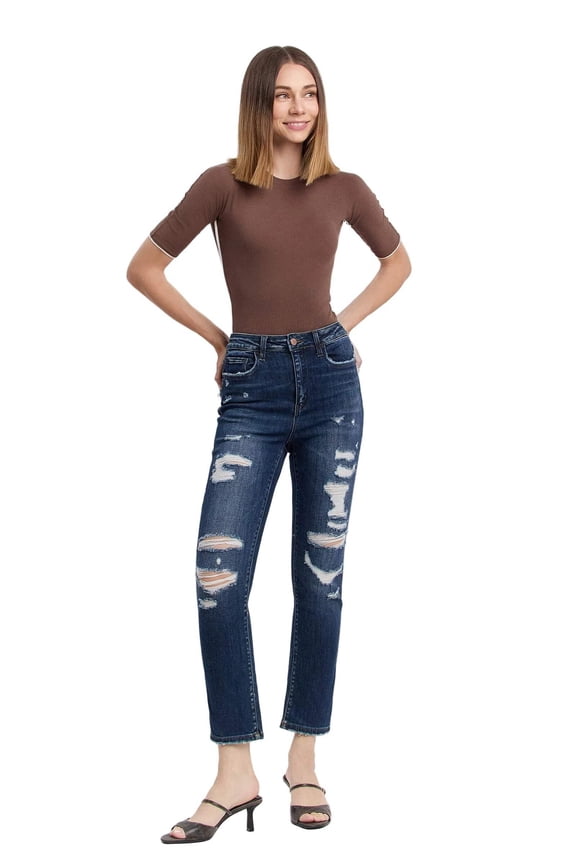 - Super High Rise Distressed Straight Cropped Jeans (28" Inseam) - F4369