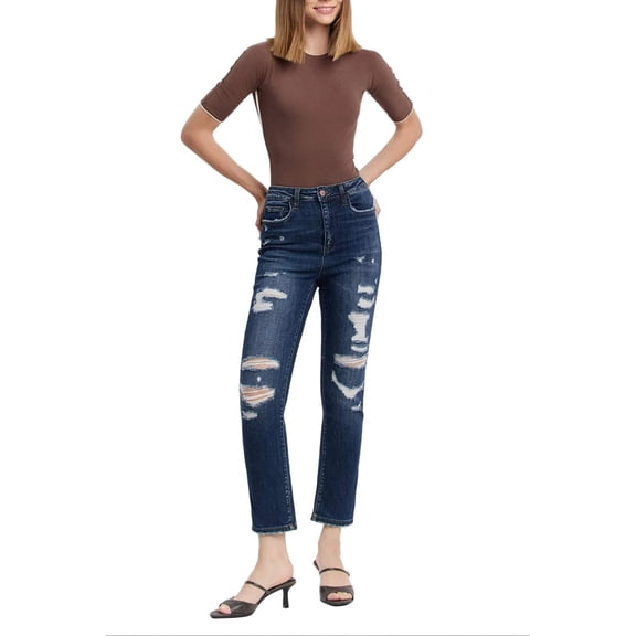 Flying Monkey - Super High Rise Distressed Straight Cropped Jeans (28" Inseam) - F4369