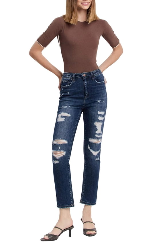- Super High Rise Distressed Straight Cropped Jeans (28" Inseam) - F4369