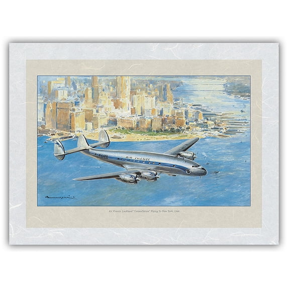 Flying to New York - Lockheed “Constellation” Plane - France - Vintage Airline Travel Poster c.1946 - Japanese Unryu Rice Paper Art Print (Unframed) 12 x 16 in