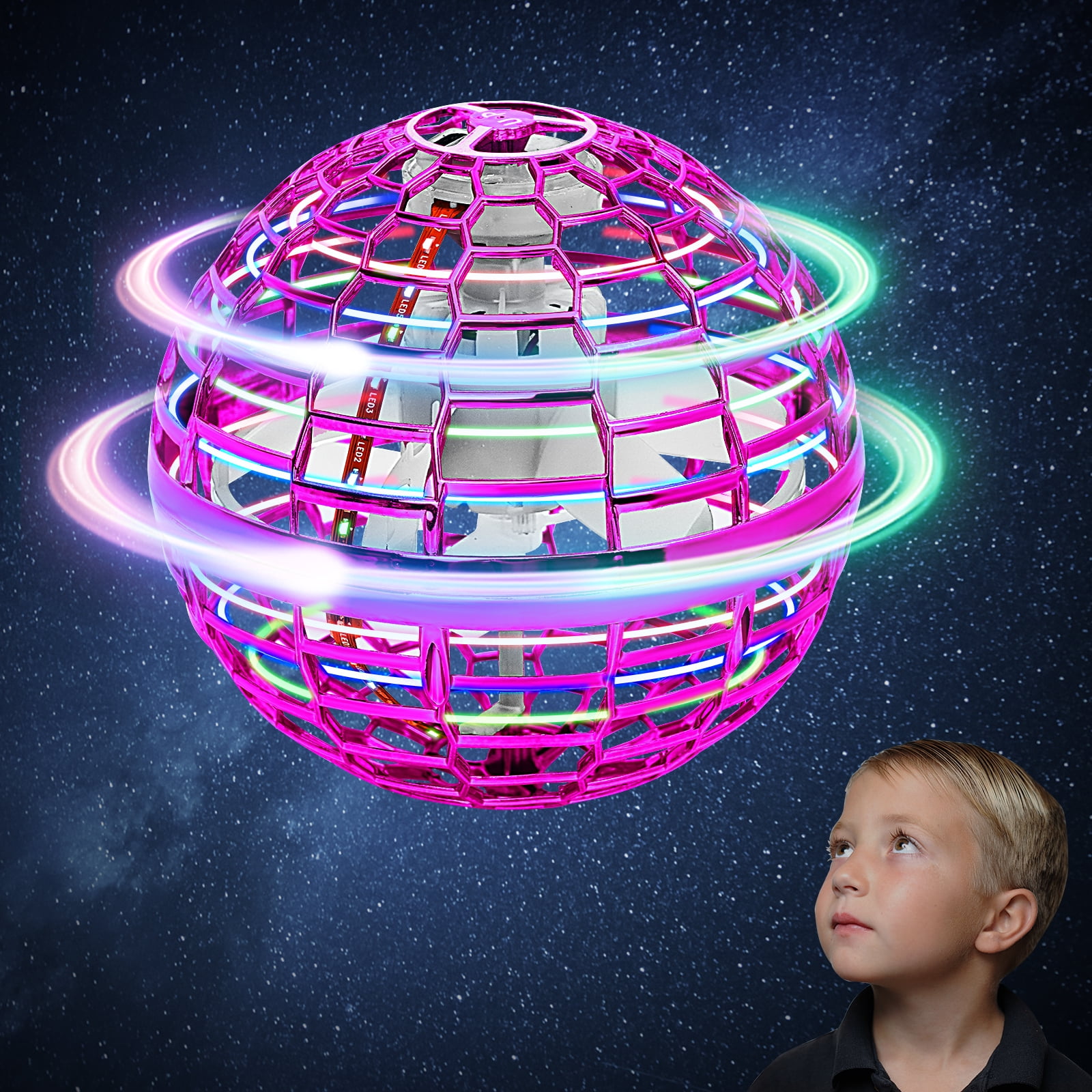 Flying Orb Ball Toys Soaring Hover Fly toy Pro Boomerang Spinner Hand  Controlled Mini Drone Globe Shape UFO Spinning Safe (Pink)