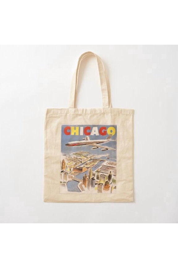 Flying Over Chicago Travel Ad Canvas Tote Bags, Reusable Shopping Bag
