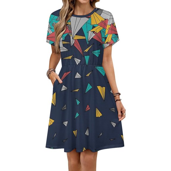 Flying Paper Planes Dress Summer Street Style Dresses Female Short Sleeve Printed Sundress
