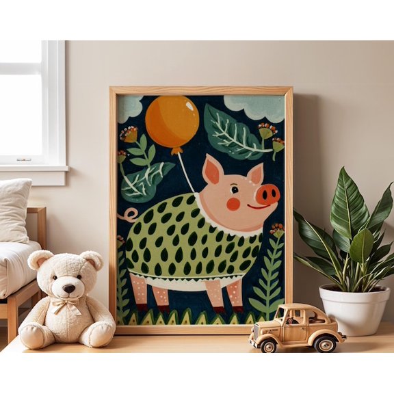 Flying Pig Animal Wall Art Print, Unframed Paper Poster 24x36in