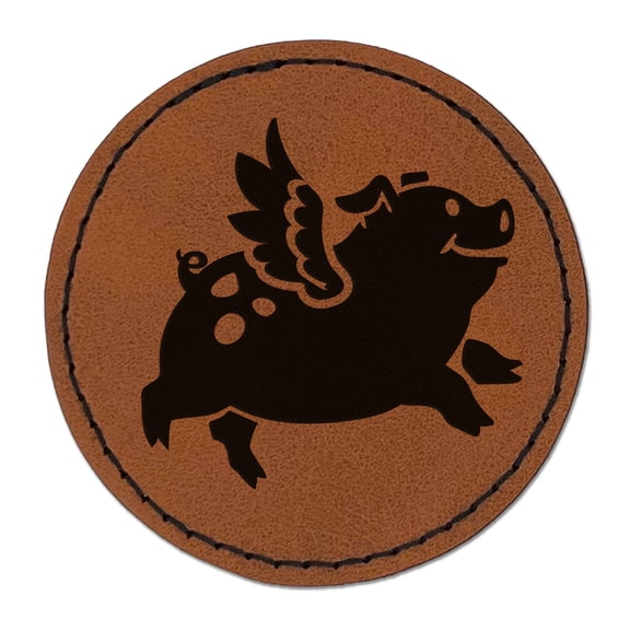 Flying Pig with Wings 2.5" Faux Leather Round Engraved Iron-On Patch - Brown