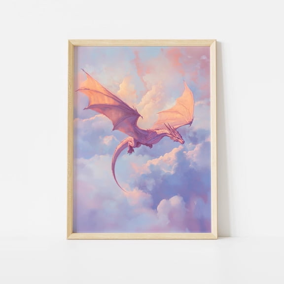 Flying Pink Dragon Poster, Pastel Fantasy Wall Art
