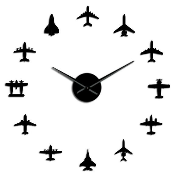 Flying Plane Fighter Jet Frameless Wall Clock Stickers, DIY Modern Decorative Clocks for Living Room, Bedroom, Office - Easy to Install, Large 3D Clock Design (Black,27in)
