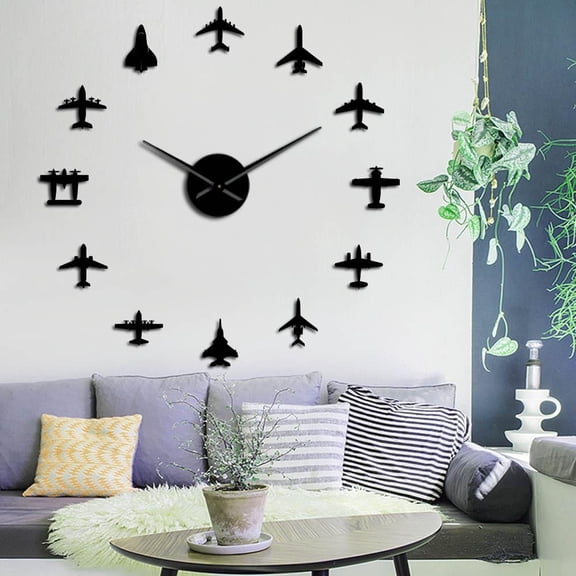 Flying Plane Fighter Jet Modern DIY Giant Wall Clock Acrylic Mirror Surface Sticker Airplane Wall Clock Aviator Pilot Home Decor(Black,27inch)