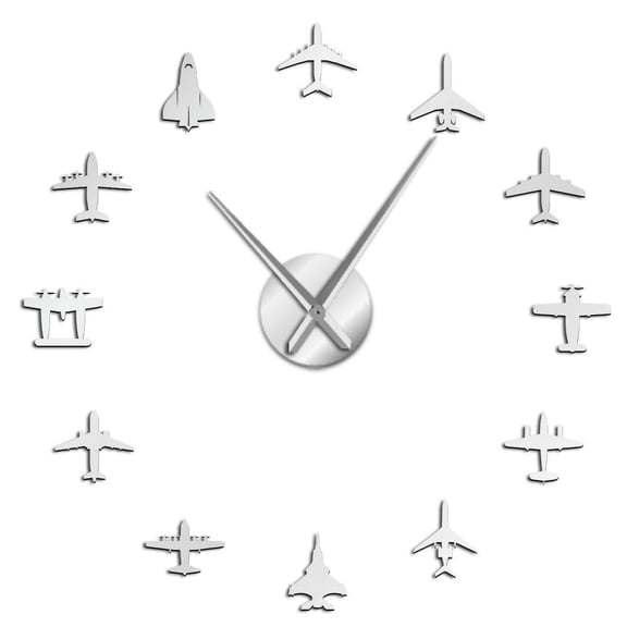 Flying Plane Fighter Jet Modern DIY Giant Wall Clock Acrylic Mirror Surface Sticker Airplane Wall Clock Aviator Pilot Home Decor(Silver,27inch)