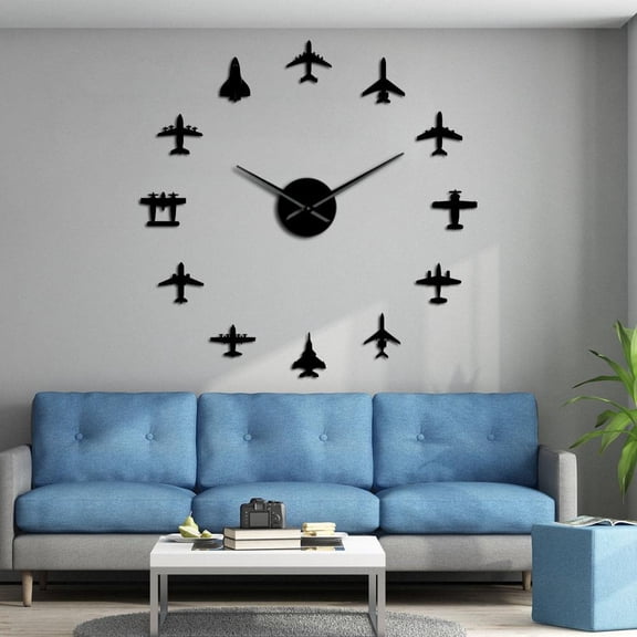 Flying Plane Fighter Jet Modern Large Wall Clocks DIY Acrylic Mirror Effect Sticker Airplane Silent Wall Clock Aviator Home Decor(Black,27inch)