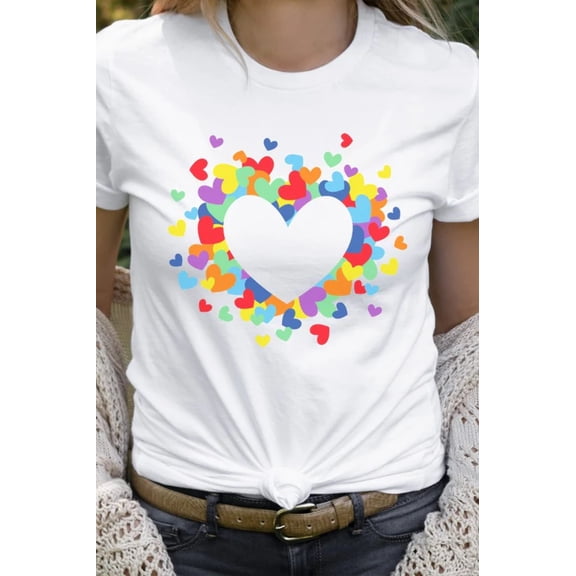 Flying Rainbow Hearts in Heart Cutout Graphic Tee T-Shirt
