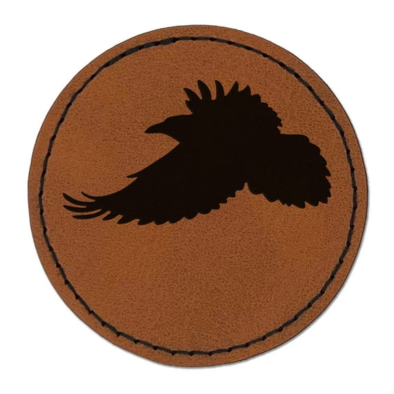 Flying Raven Bird 2.5" Faux Leather Round Engraved Iron-On Patch - Brown
