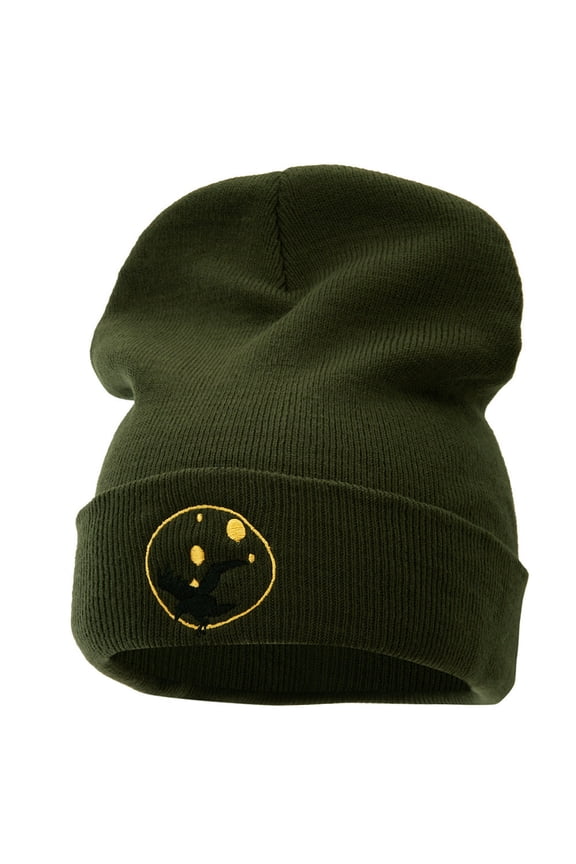 Flying Raven Embroidered 12 Inch Long Knitted Beanie - Olive OSFM