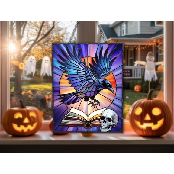 Flying Raven Wavy Acrylic Panel – Gothic Skull and Book Window Decor – Halloween Witchy Art