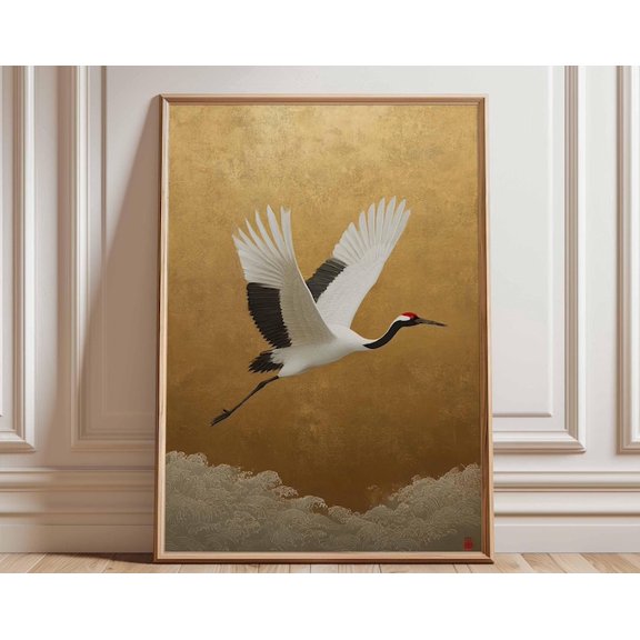 Flying Red Crowned Crane Wall Art Print, Unframed Paper Poster 8x10in