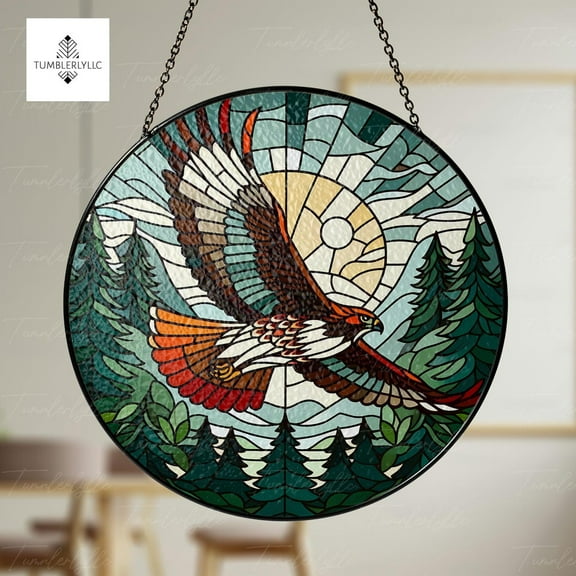 Flying Red-Tailed Hawk Glass Suncatcher, Nature Landscape Decor for Bird Nerds, Artistic Gift for Wildlife Lovers