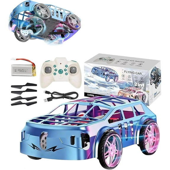 Flying Remote Control Car, Mini RC Vehicle Flying Cars, Land and Air Dual-Mode Fly Car, One Key Take Off/Landing, with LED Lights, Easy to Fly Toy Drones (Blue)