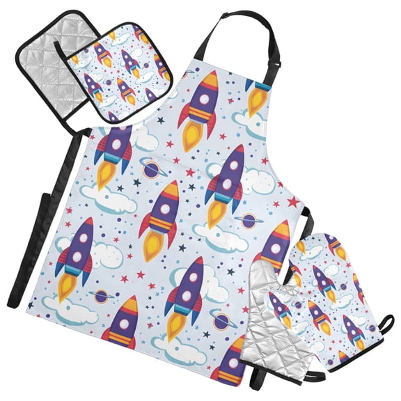 Flying Rocket and Cloud 5 Pcs Kitchen Set Heat Resistant Oven Mitts and Non-Slip Pot Holders with Adjustable Cooking Apron