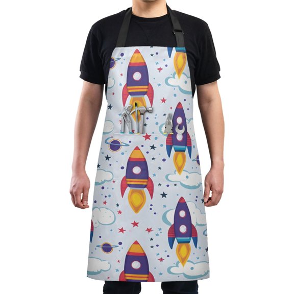 Flying Rocket and Cloud Kitchen Apron with 2 Pockets Adjustable waterproof Cooking Aprons for Women Men Chef