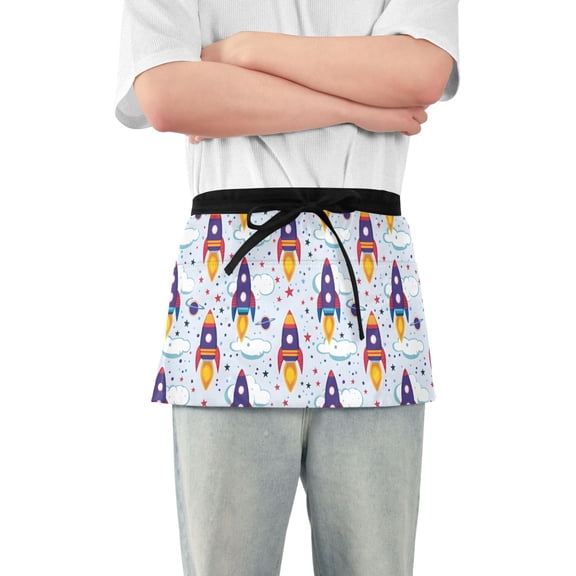 Flying Rocket and Cloud Server Apron with 3 Pockets Waterproof Waitress Waist Short Apron for Man Woman 12 Inches