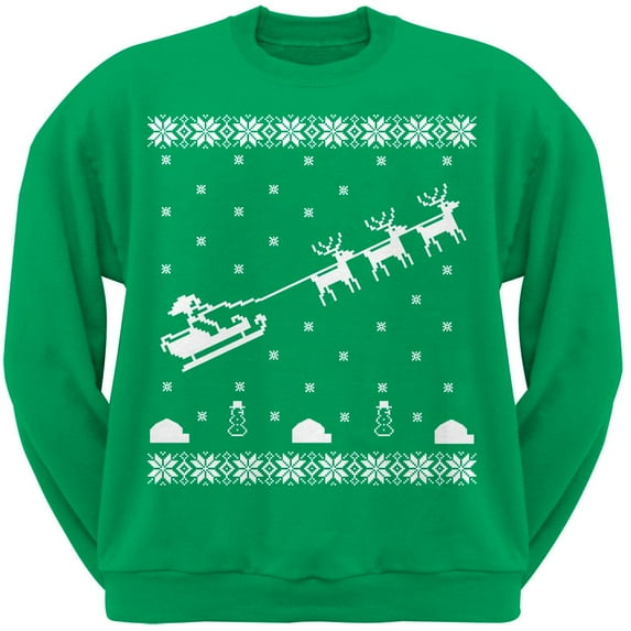 Flying Santa Sleigh Ugly Christmas Sweater Green Adult Sweatshirt - Medium