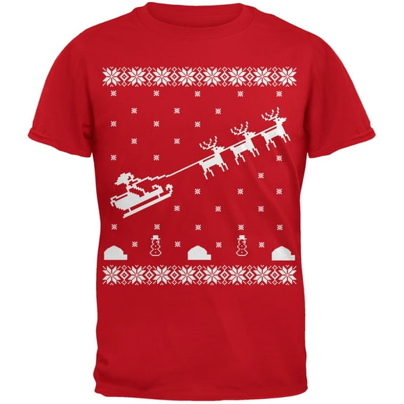 Flying Santa Sleigh Ugly Christmas Sweater Red Youth T-Shirt - Youth Small