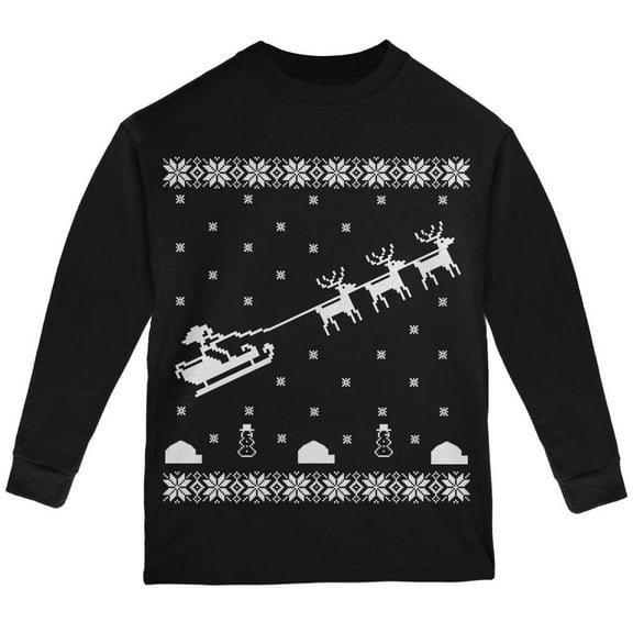 Flying Santa Sleigh Ugly XMAS Sweater Black Youth Long Sleeve T-Shirt - Youth X-Large