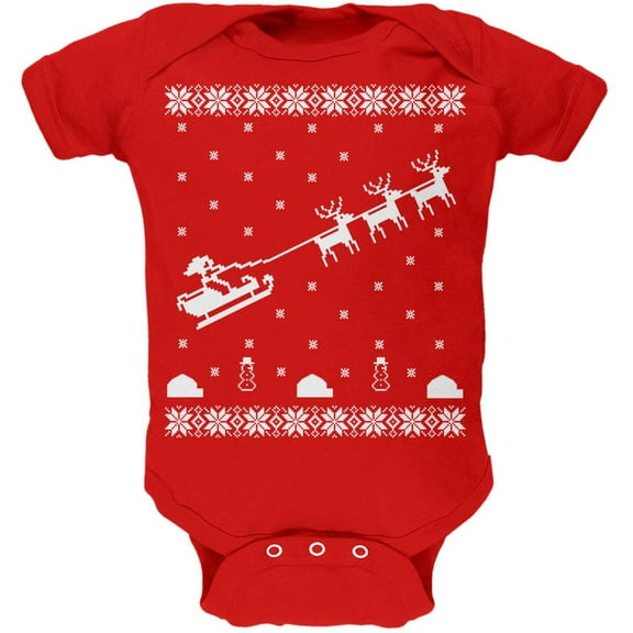 Flying Santa Sleigh Ugly XMAS Sweater Red Soft Baby One Piece - 12-18 months