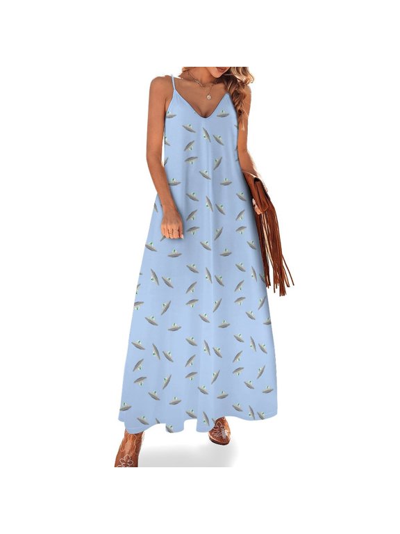 Flying Saucer Peace Alien Sleeveless Suspender Dress Summer Fashion Casual Long Dress