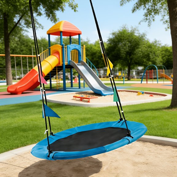 Flying Saucer Swing, 33"-63" Adjustable Height Tree Swing with 4 Detachable Flags, Playground Swing
