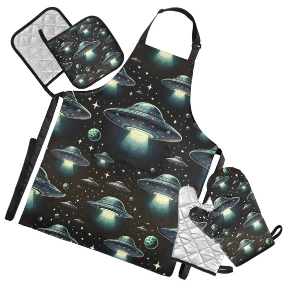 Flying Saucer in Cosmos Space 5 Pcs Kitchen Set Heat Resistant Oven Mitts and Non-Slip Pot Holders with Adjustable Cooking Apron