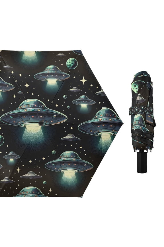 Flying Saucer in Cosmos Space Compact Sun Umbrella Windproof Travel Umbrellas for Rain Strong Portable UV Protection