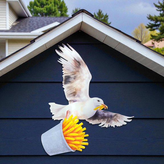 Flying Seagull with French Fries Sign Outdoor PVC Beach Wall Art, Coastal Decor for Beach Lovers