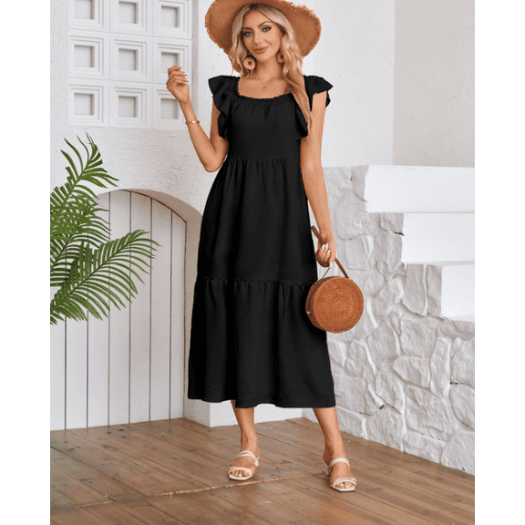 Flying Sleeves Square Neck Off-Shoulder Ruffle Hem Dress,Summer Backless Maxi Dress,Women's Pleated A Line Dress