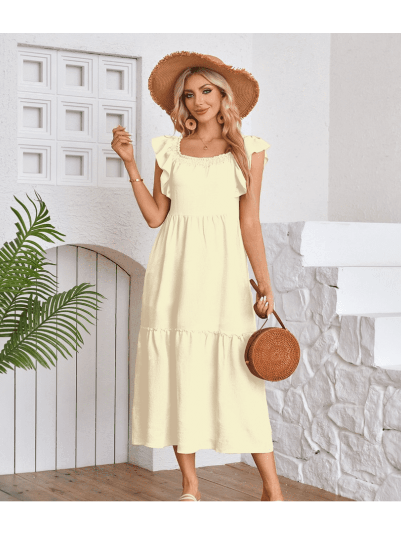Flying Sleeves Square Neck Off-Shoulder Ruffle Hem Dress,Summer Backless  Maxi Dress,Women's Pleated A Line Dress - Walmart.com