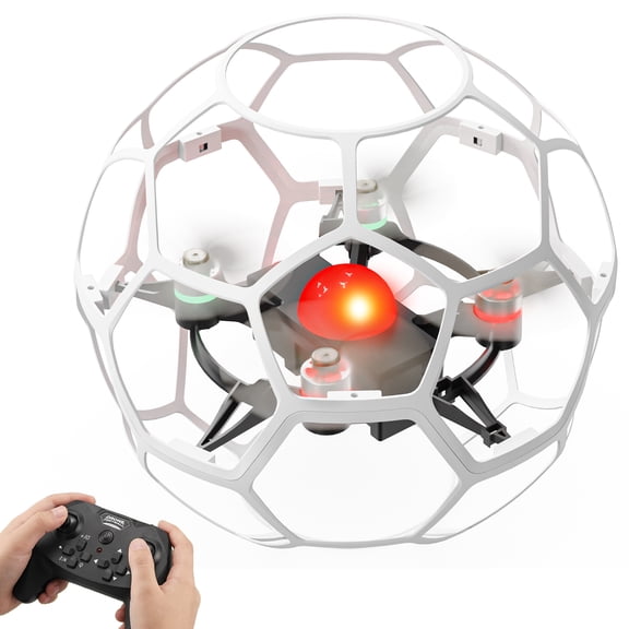 Flying Soccer Drone for Kids, Wefone Quadcopter with 360 Protection, One-Key Takeoff, Headless Mode, LED Light, Anti-Turtle Mode, 1 Battery, White