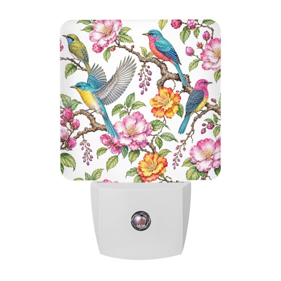 Flying Songbirds LED Night Light, Rustic Pink Yellow Cherry Blossoms Branches Night Lights plug into Wall with Smart Sensor Dusk to Dawn Sensor for Nursery Bedroom 2.95x4.5in