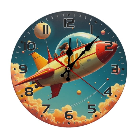 Flying Spaceship Wall Clock 10 Inch Silent Non Ticking Round Clock Decoration for Living Room Kitchen Bedroom Bathroom Office Classroom